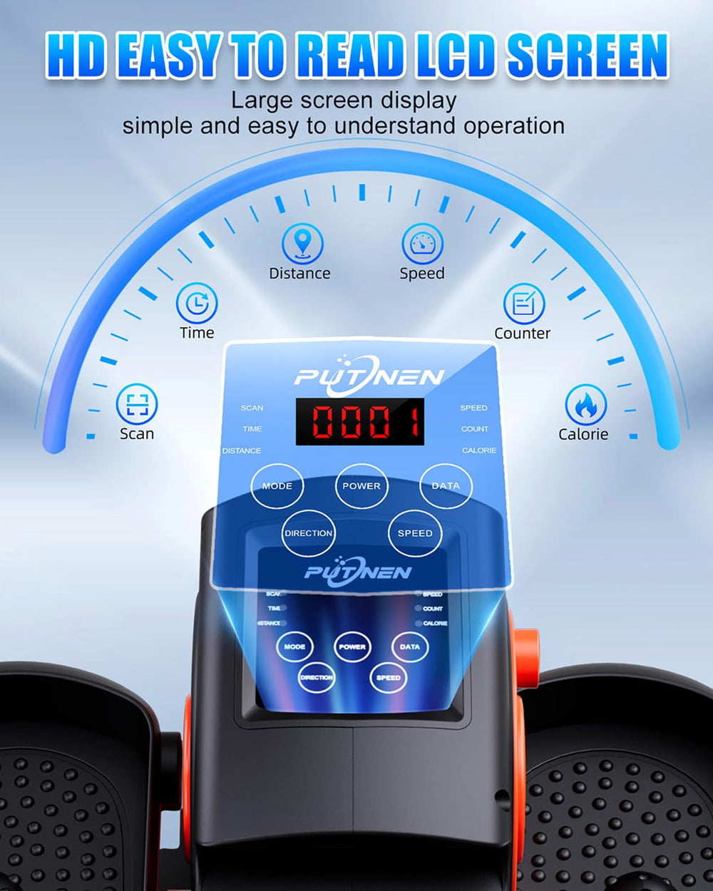 Side view of Putnen elliptical showing compact, portable footprint