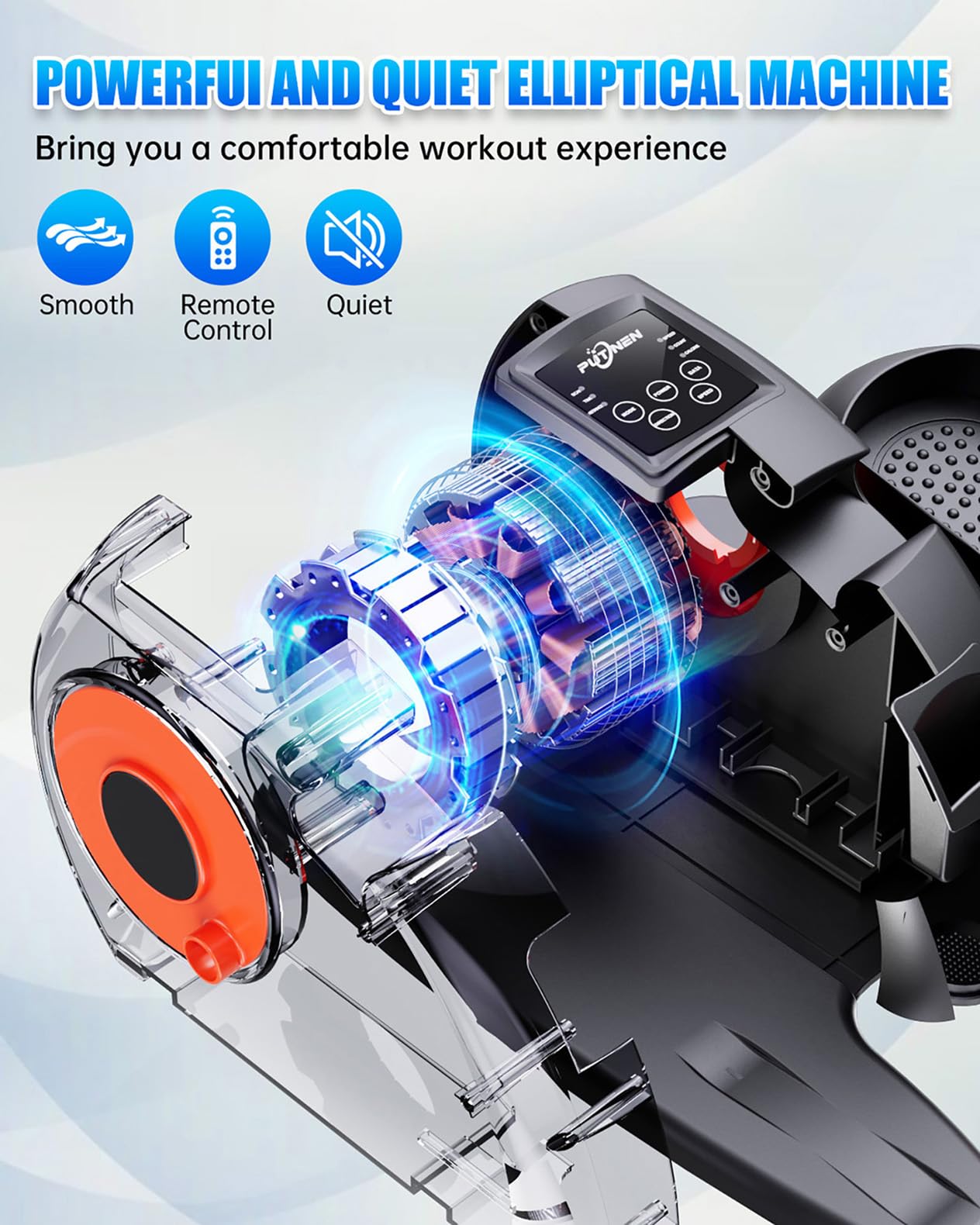 Putnen elliptical operates in silent mode, ideal for quiet home or office use
