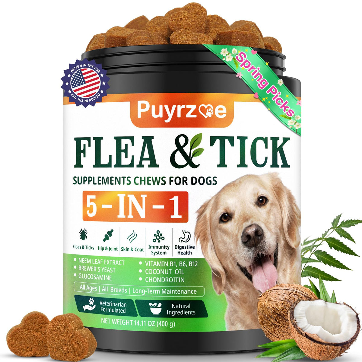 Puyrzoe 5in1 dog flea and tick chewables packaging highlights natural defense