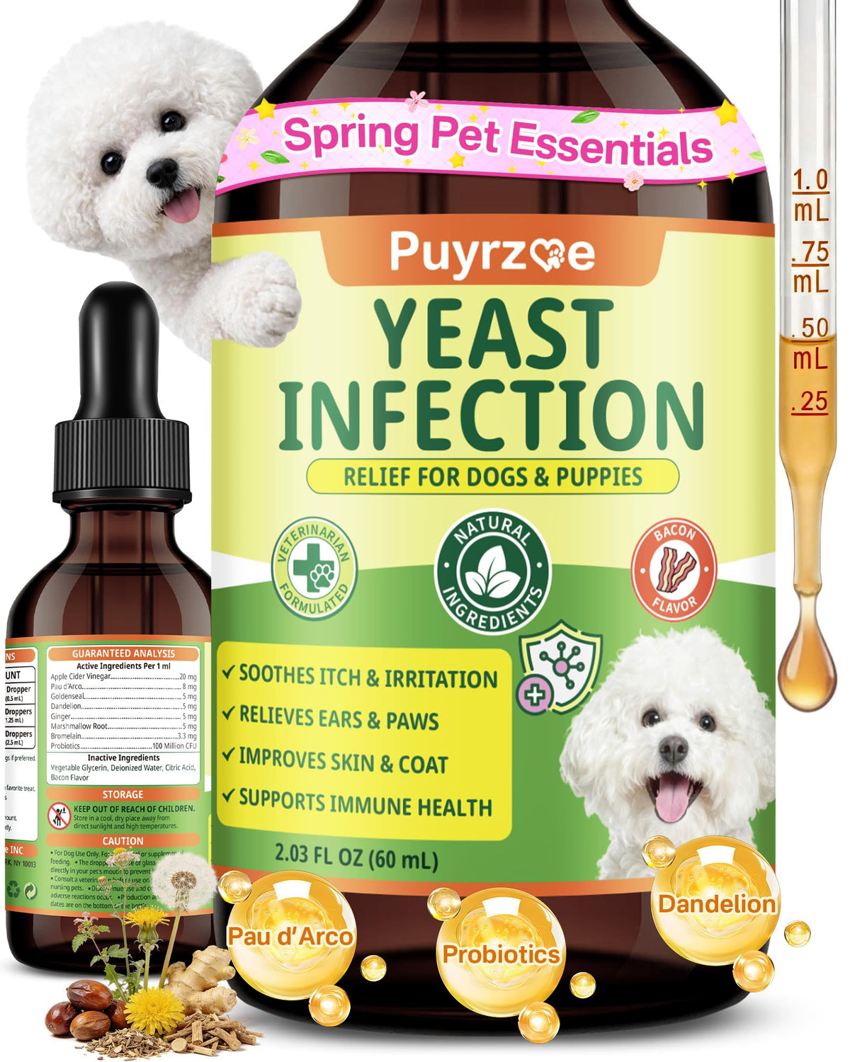 Puyrzoe drops bottle for dogs, easy daily use for yeast balance support.