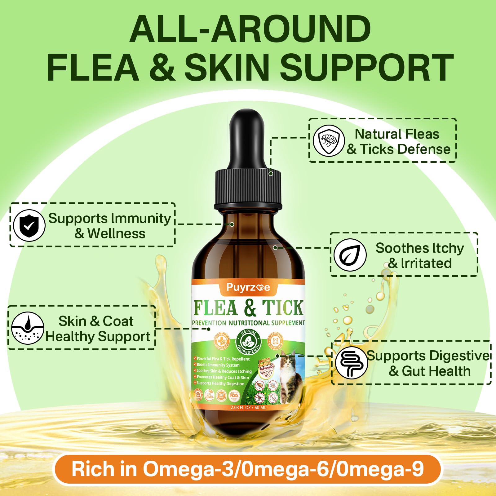 Puyrzoe cat flea treatment bottle side angle showing packaging and ingredients.