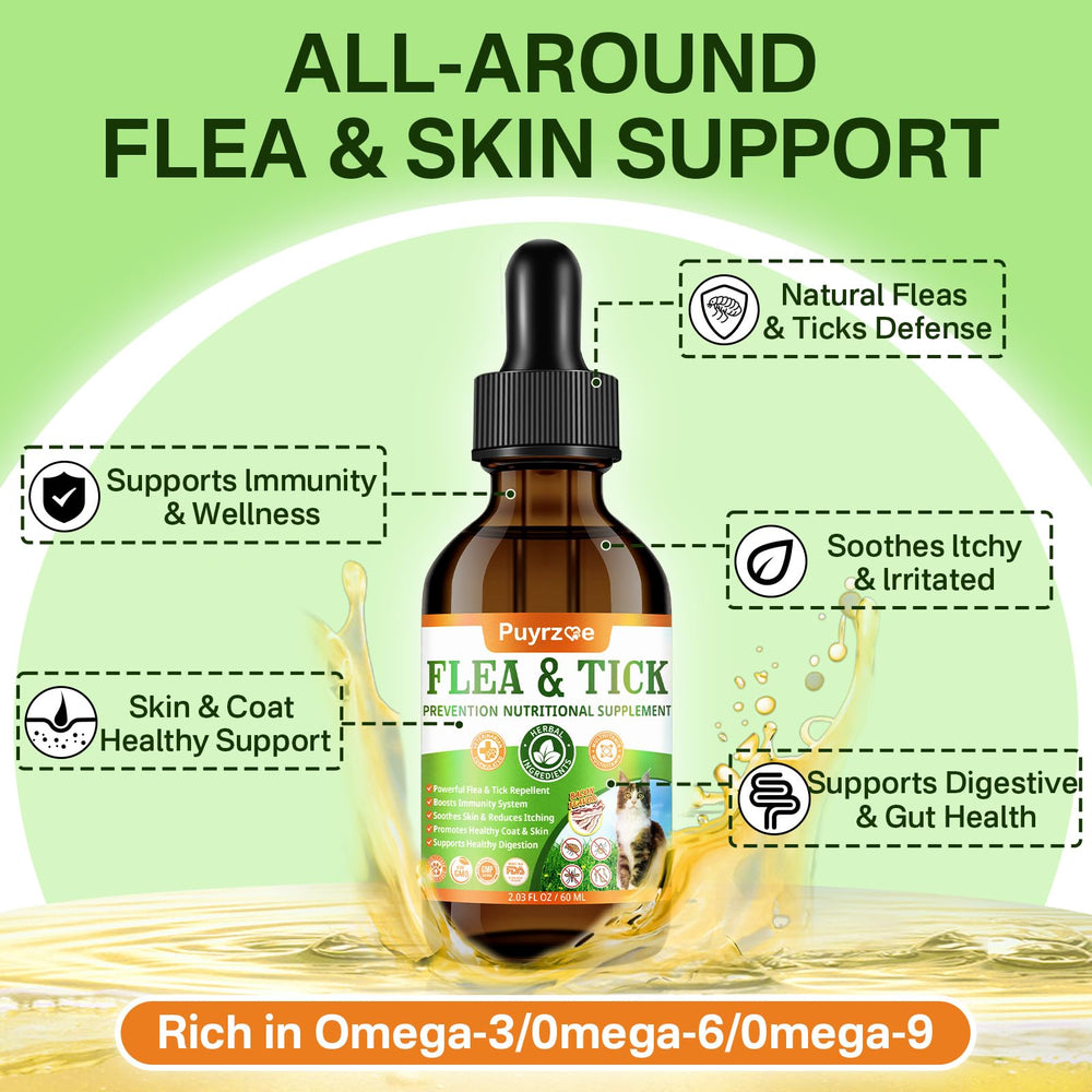 Puyrzoe cat flea treatment bottle side angle showing packaging and ingredients.