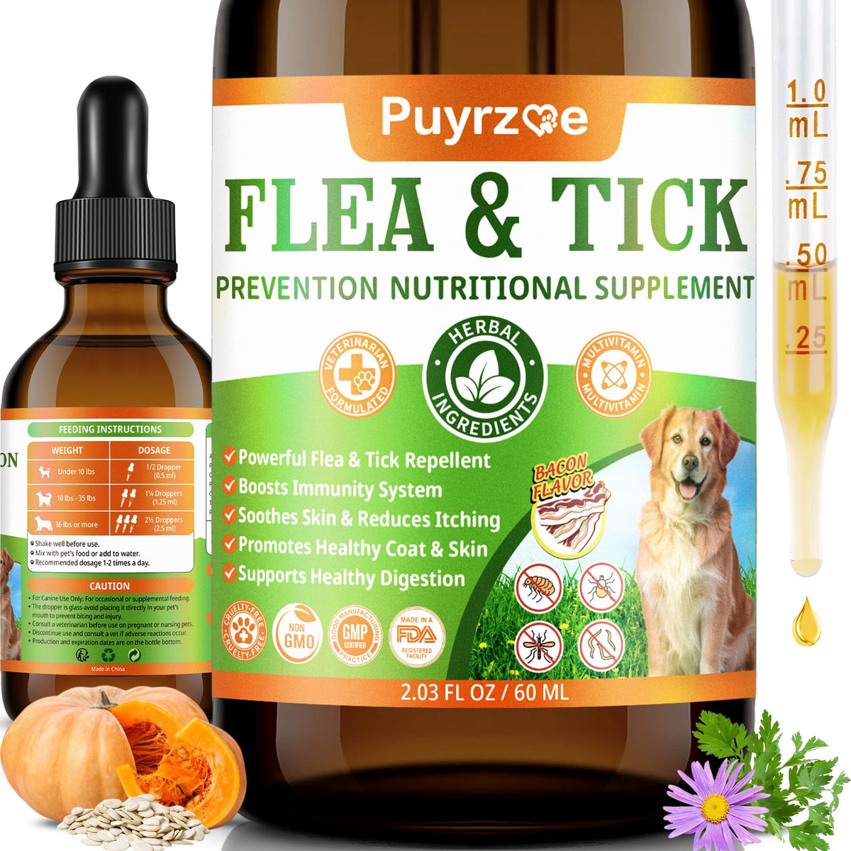 Puyrzoe Gouttes traitement puces et tiques pour chien, bouteille pratique.