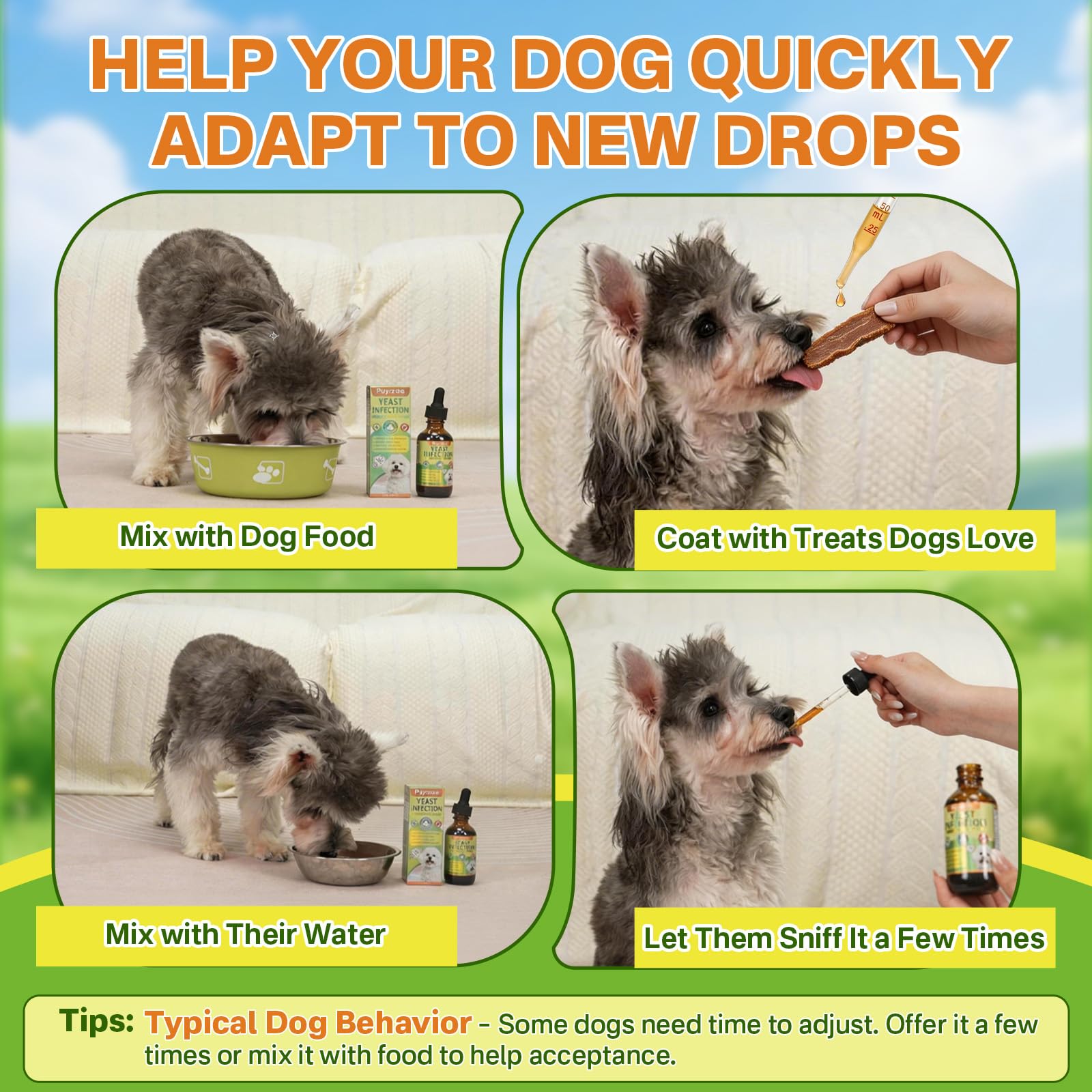 Puyrzoe liquid-drops administration shows easy direct dosing.
