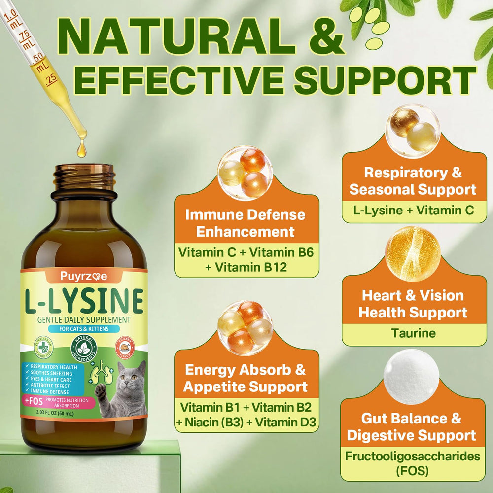 Puyrzoe Lysine Drops chicken-flavored formula supports acceptance during dosing.