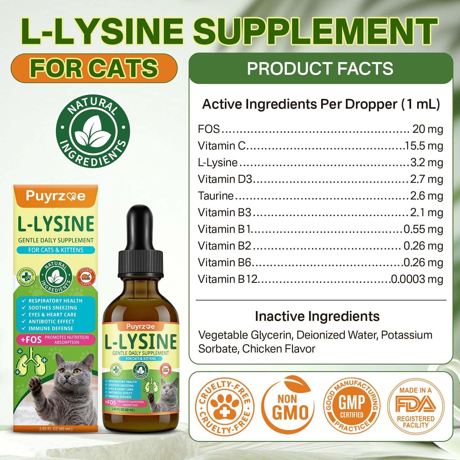 Puyrzoe Lysine Drops with added taurine support.