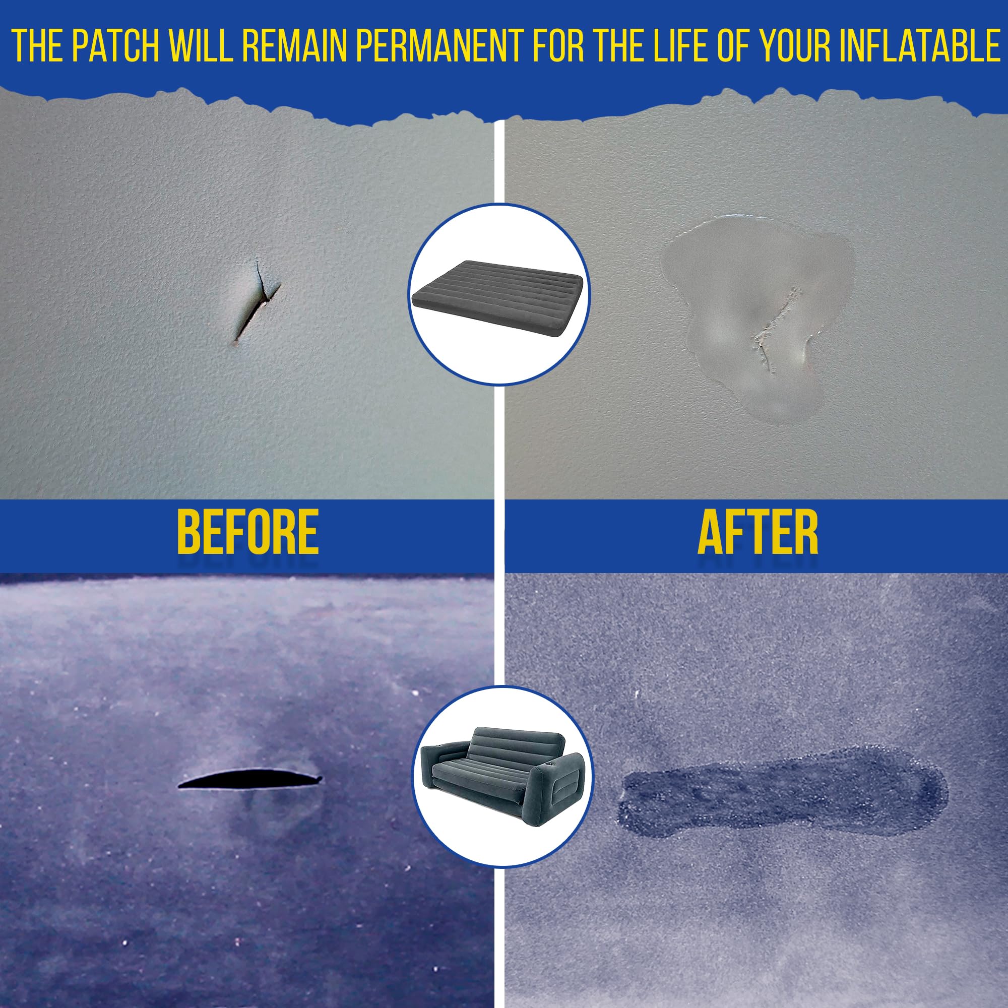 Patch on air mattress being repaired with PVC Stitch
