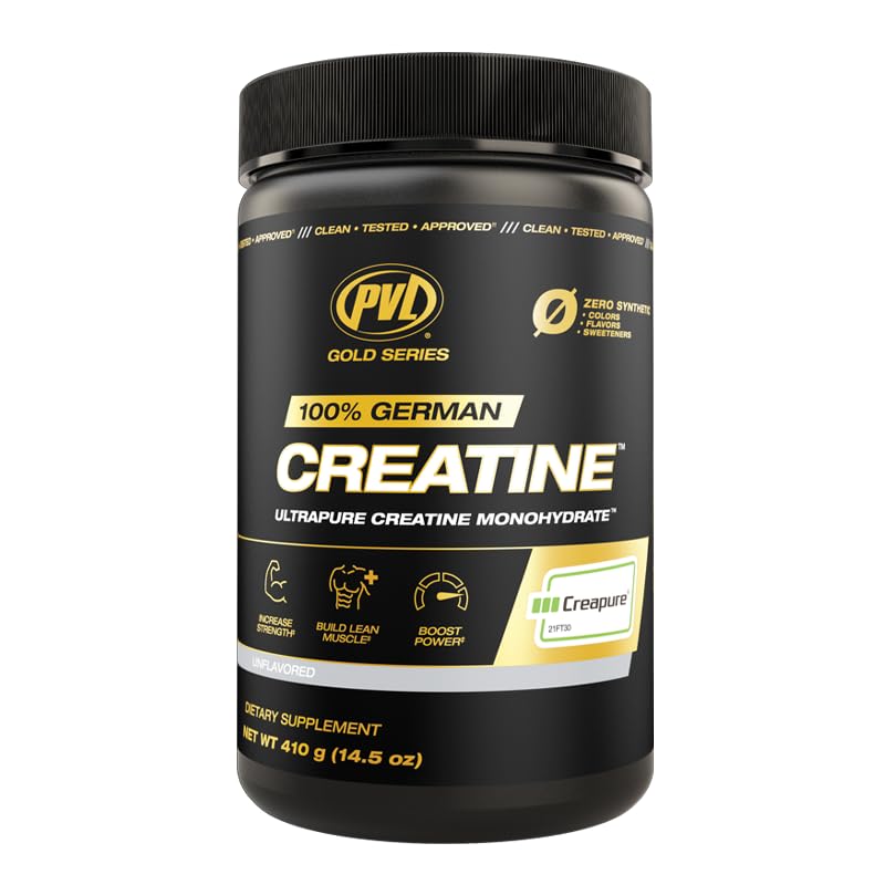 PVL Creapure creatine powder bottle boosts high-intensity performance and muscle support.