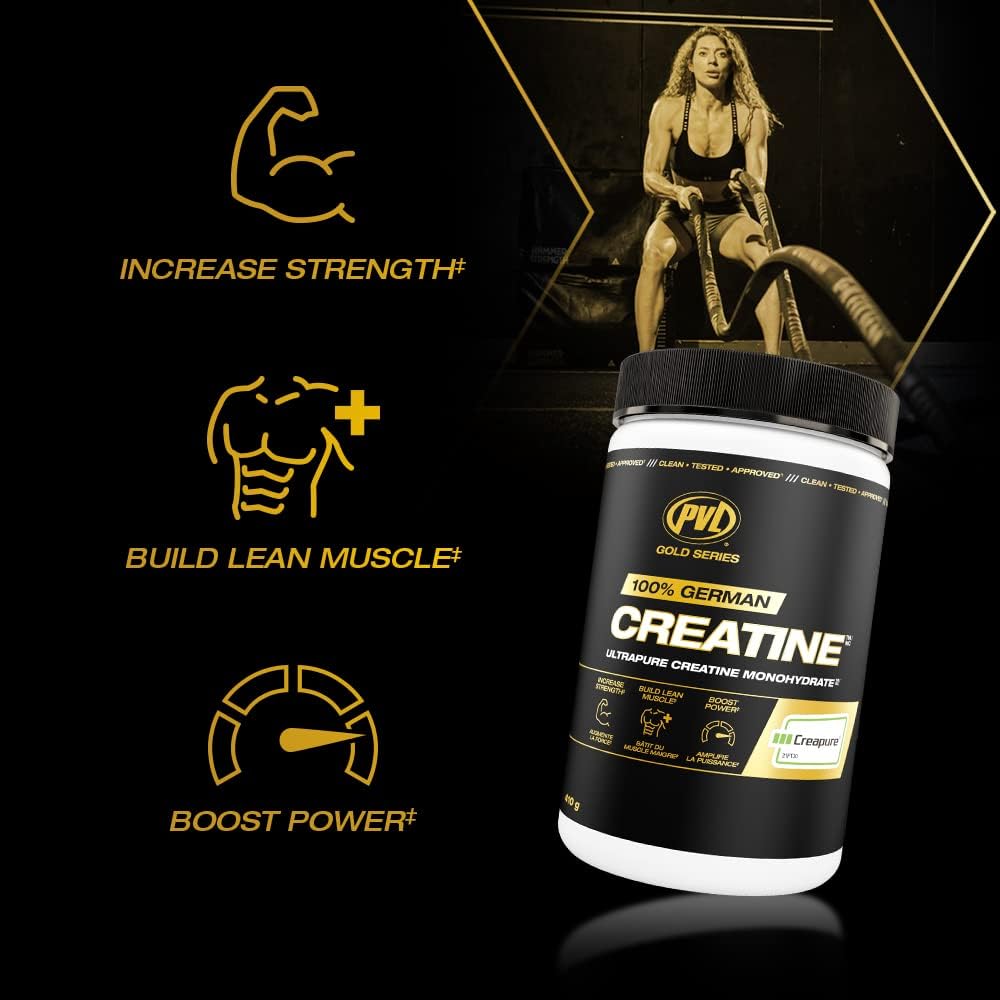PVL Creapure creatine label confirms vegan, kosher, halal quality.