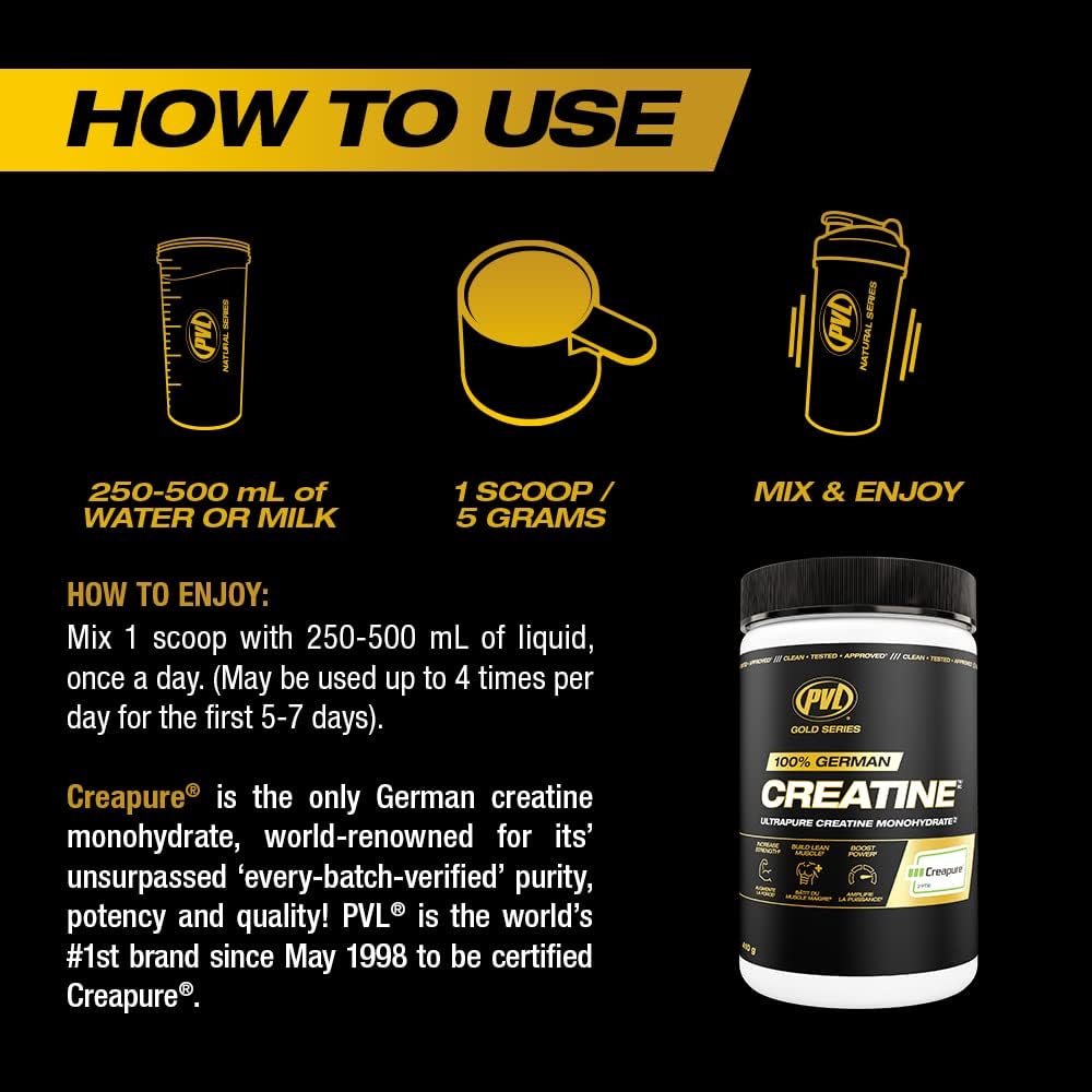 PVL Creapure creatine packaging box signals vegan, kosher, halal quality.