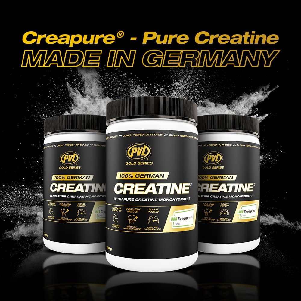 PVL Creapure creatine powder closeup highlights purity and consistency for training.