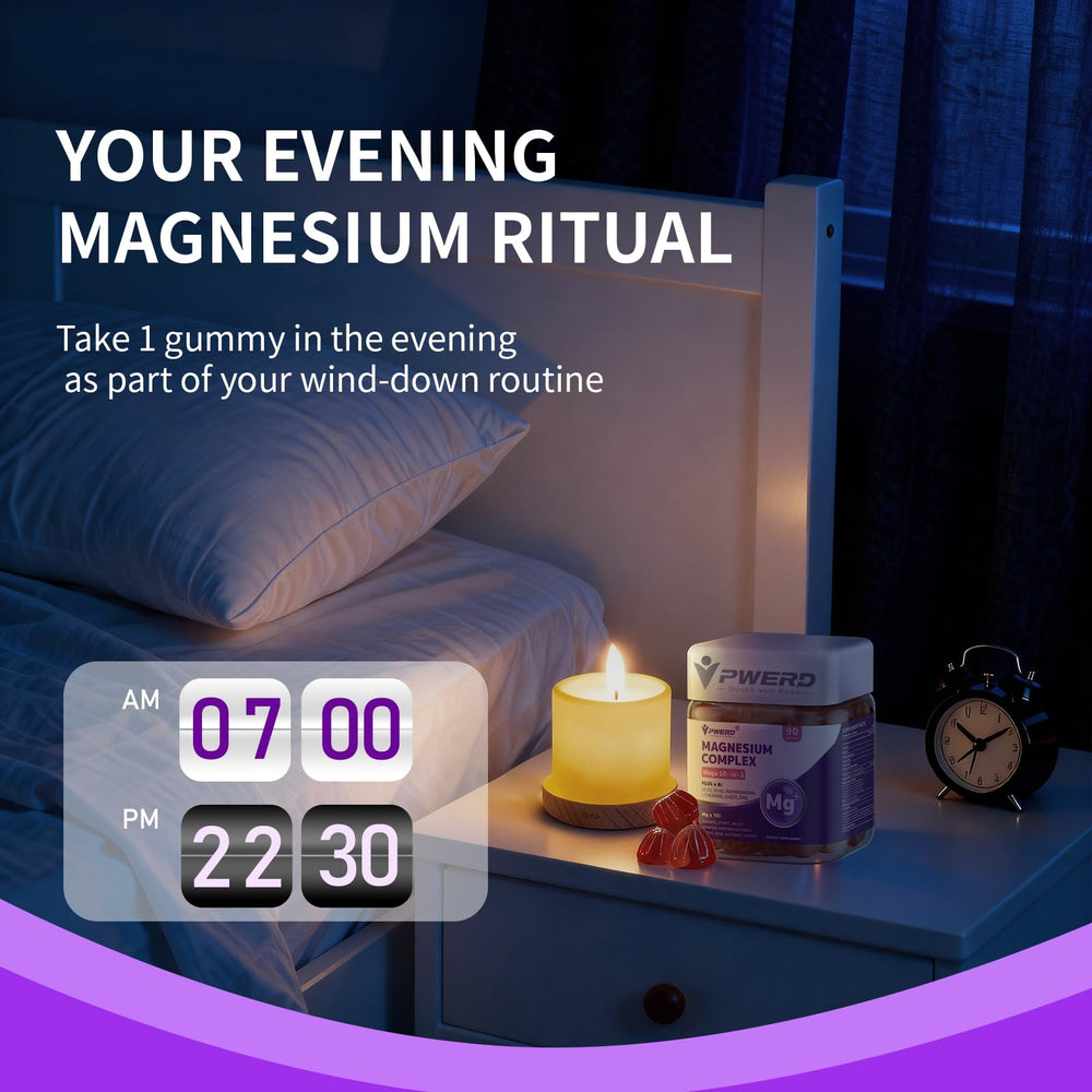 PWERD Mega16-in-1 gummies pictured in a relaxed nighttime setup.