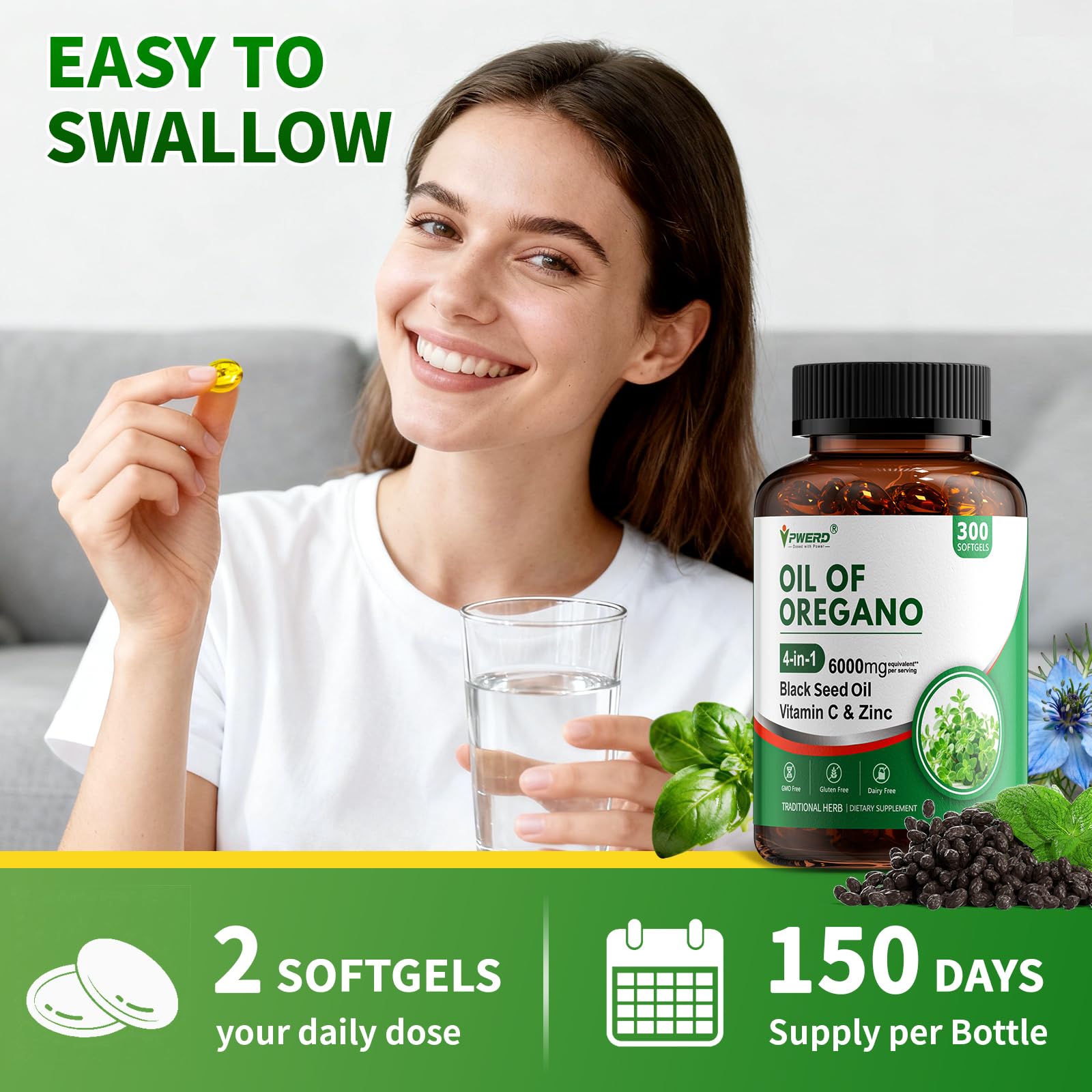 PWERD oregano and black seed oil blend icons suggest antioxidant and digestive support.