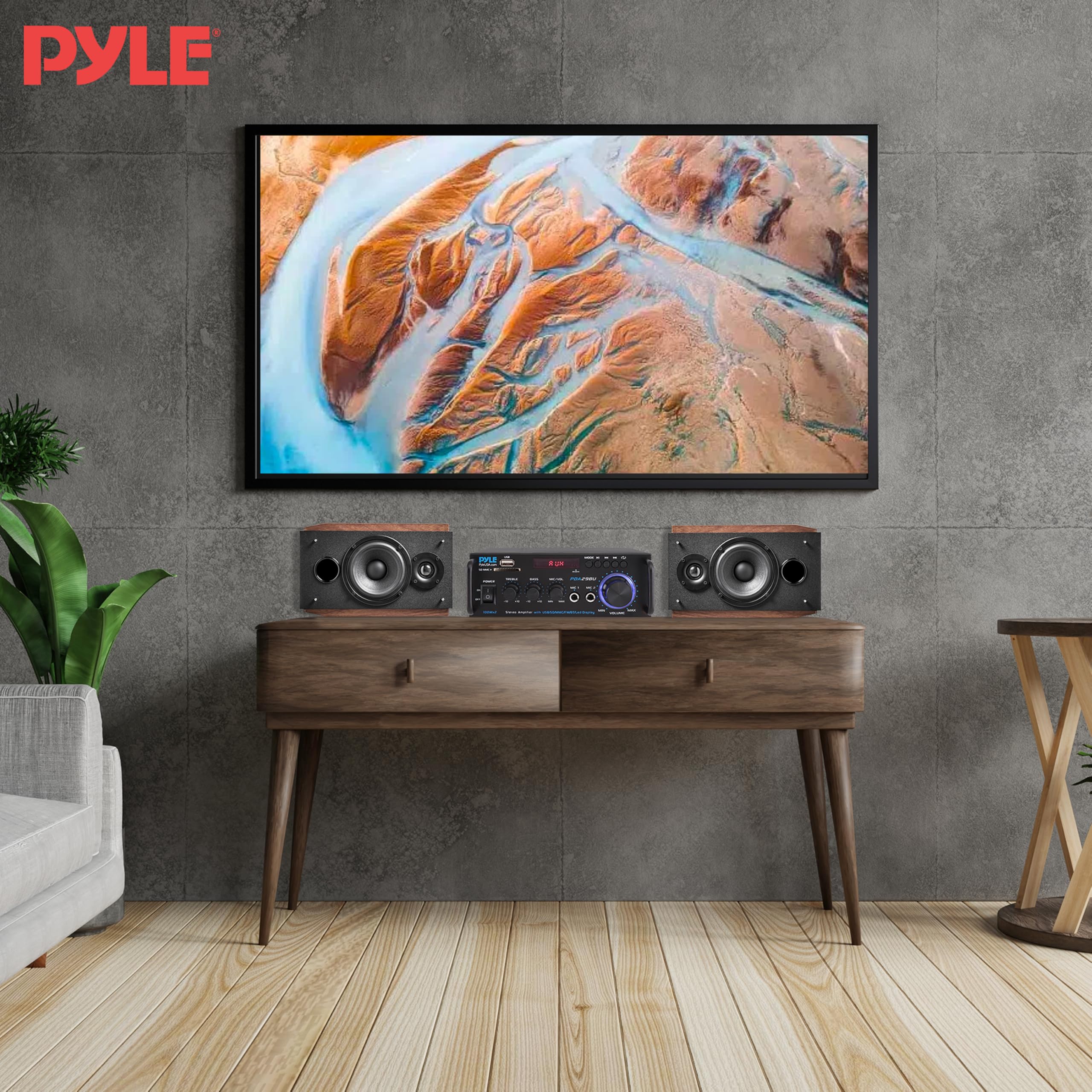 Pyle PDA29BU.5 compact desk setup illustrating versatile placement