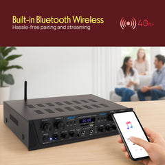 Pyle PTA44BT mic inputs highlight two mics for karaoke or events.