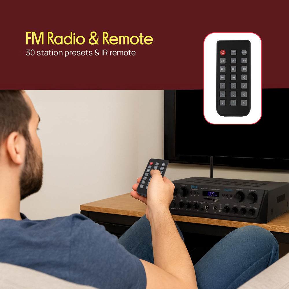 Pyle PTA44BT remote control enables convenient adjustments from anywhere.