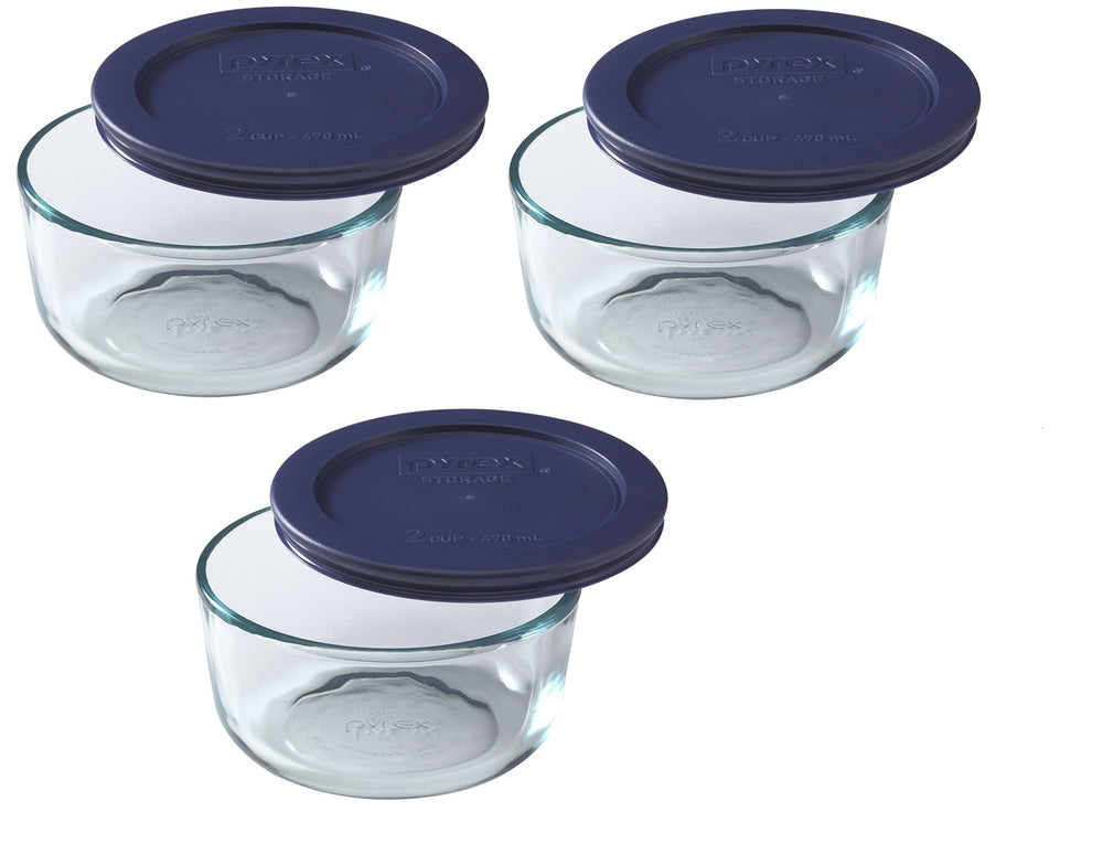 Pyrex 7200 dark blue lid shown with the 2-cup glass bowl, ideal for secure, stackable storage.