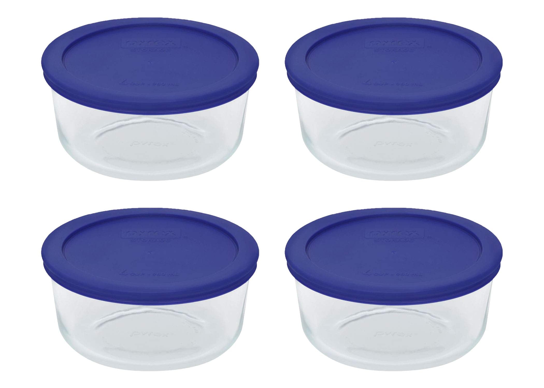 Pyrex 7201 four-cup glass bowls with cadet blue lids keep leftovers fresh.