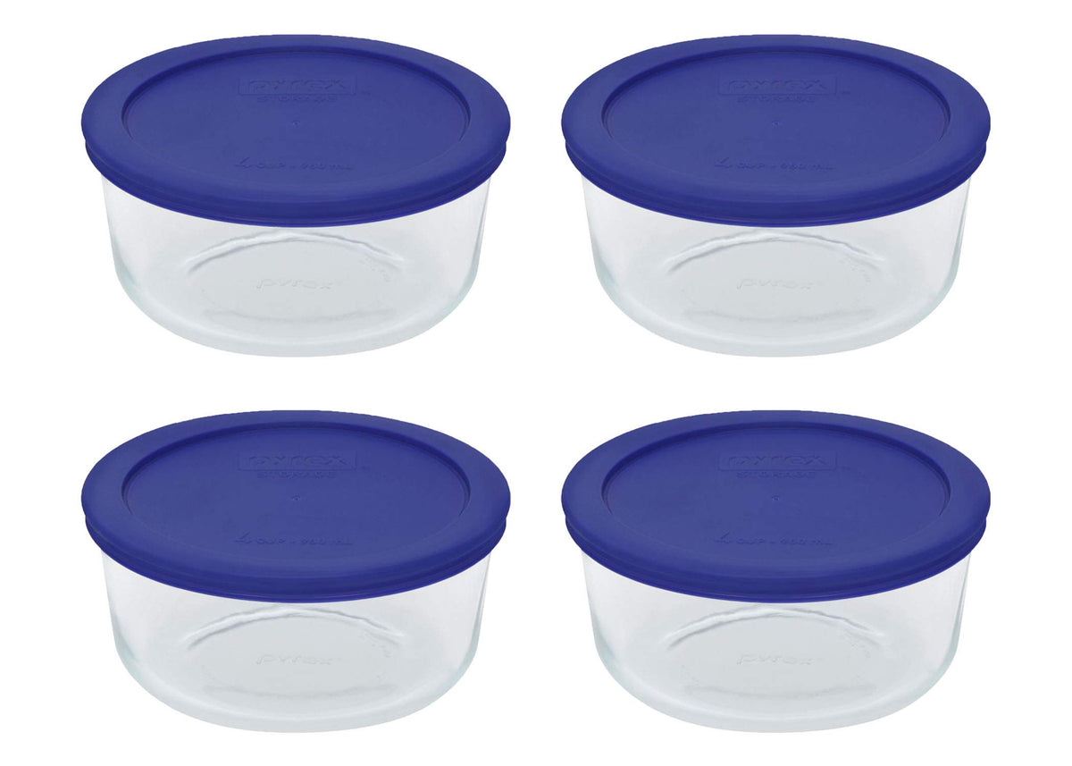 Pyrex 7201 four-cup glass bowls with cadet blue lids keep leftovers fresh.
