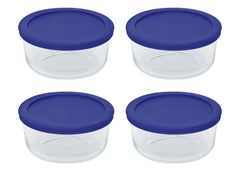 Pyrex 7201 four-cup glass bowls with cadet blue lids keep leftovers fresh.