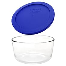 Pyrex 7201-PC cadet blue lids 4-pack shown with bowls, ideal for fridge storage and grab-and-go meals.