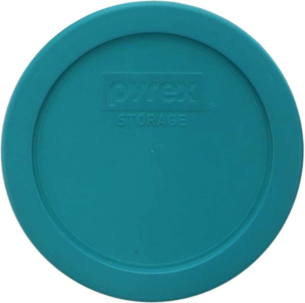 Close-up of Pyrex 7201-PC turquoise lid shows BPA-free durable material.