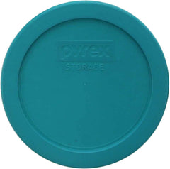 Close-up of Pyrex 7201-PC turquoise lid shows BPA-free durable material.