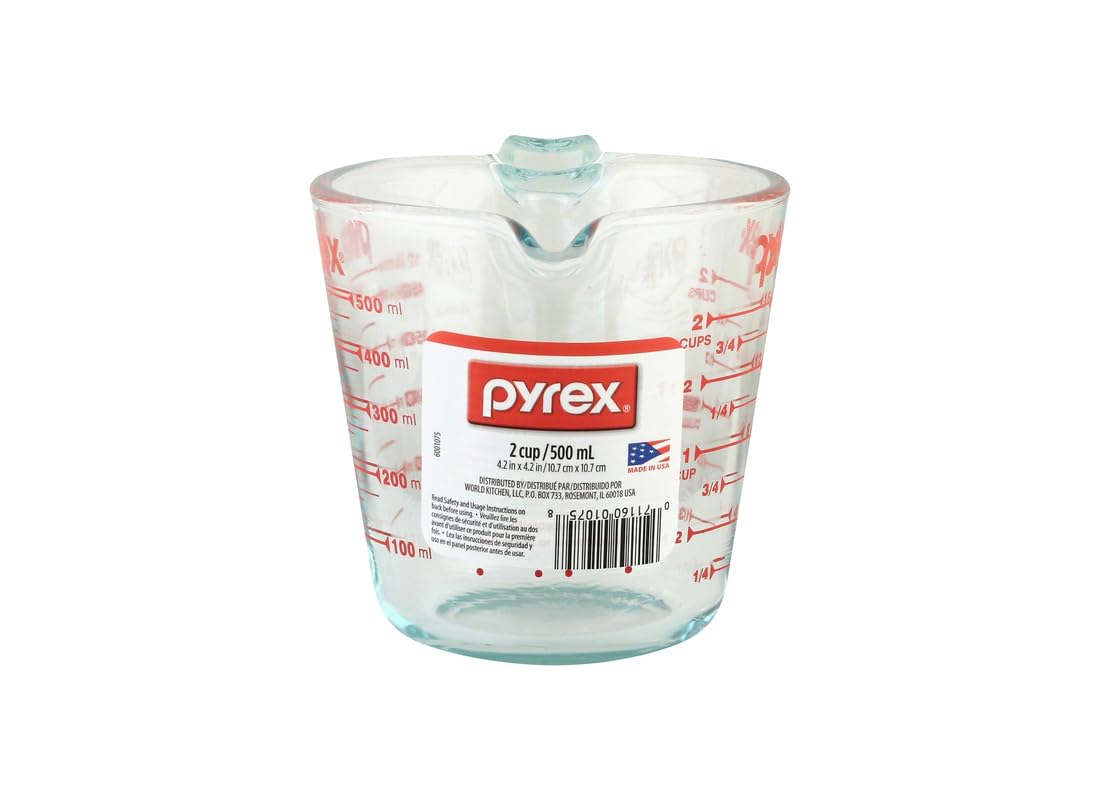 Pyrex Prepware 6001075 measuring cup shows red graphics for quick visibility in recipes