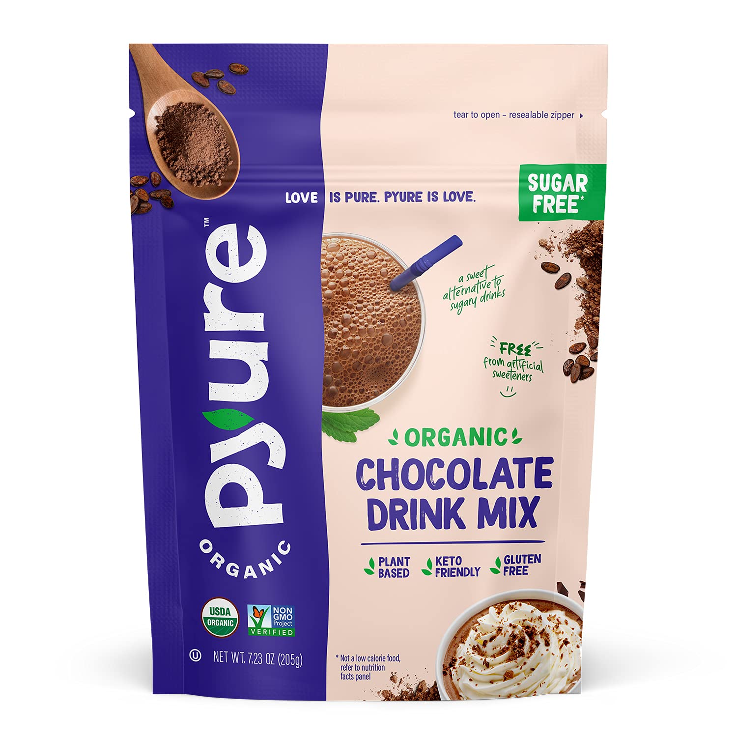 Pyure Organic Sugar-Free Chocolate Drink Mix canister with rich cocoa flavor