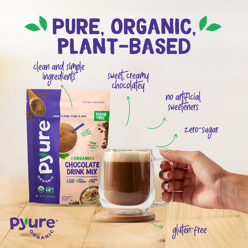 Mixing Pyure chocolate drink with almond milk in a glass