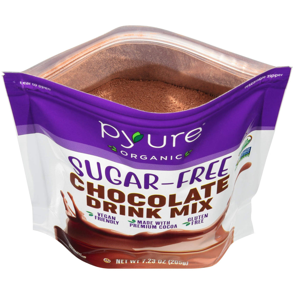 Pouring Pyure mix into milk for a smooth low-carb beverage