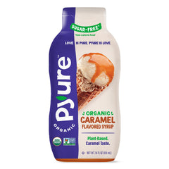 Pyure Organic Caramel Dessert Syrup bottle pours a rich, sugar-free topping for keto treats.
