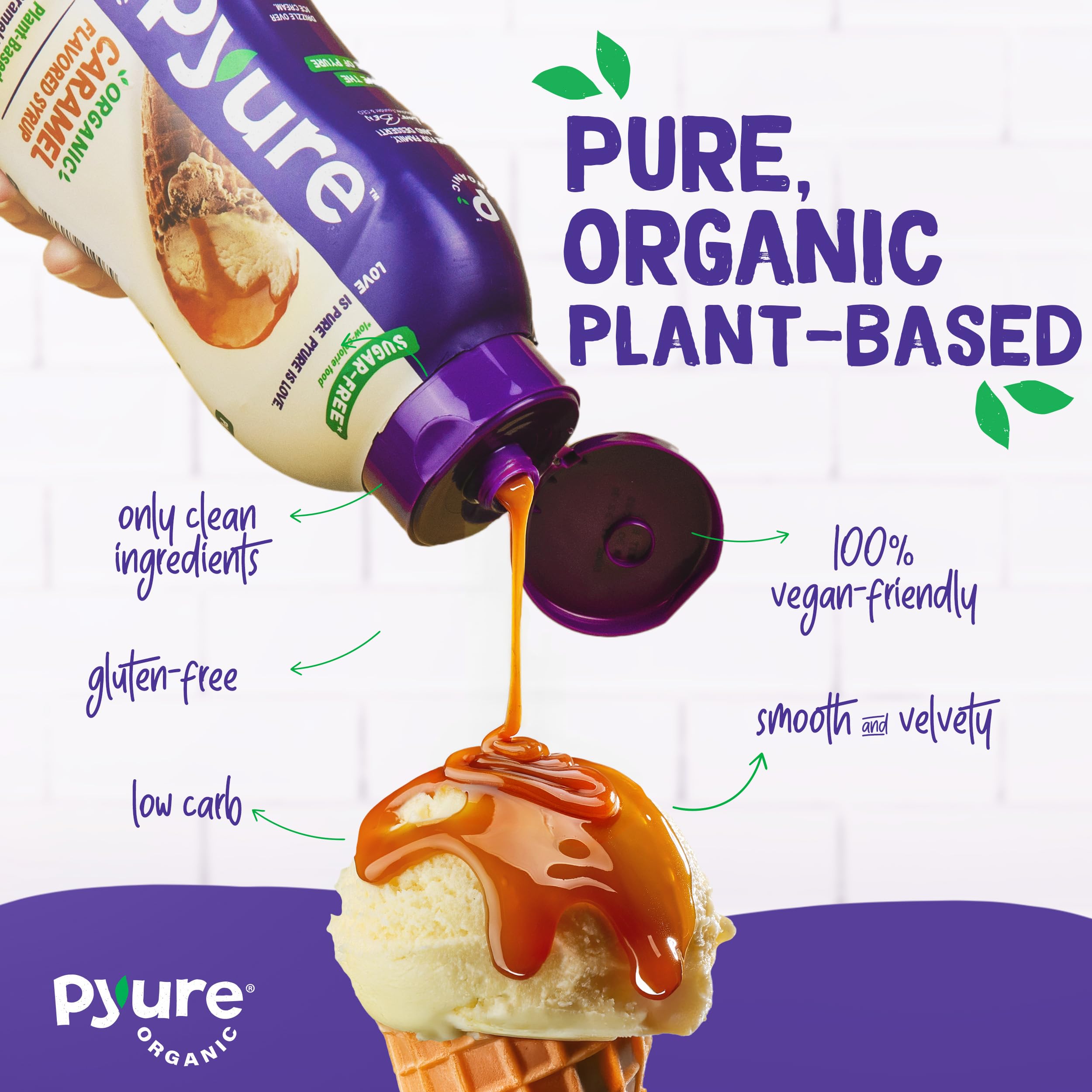 Pyure caramel syrup being poured over keto ice cream for a glossy finish.
