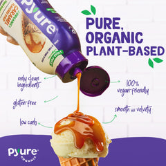 Pyure caramel syrup being poured over keto ice cream for a glossy finish.
