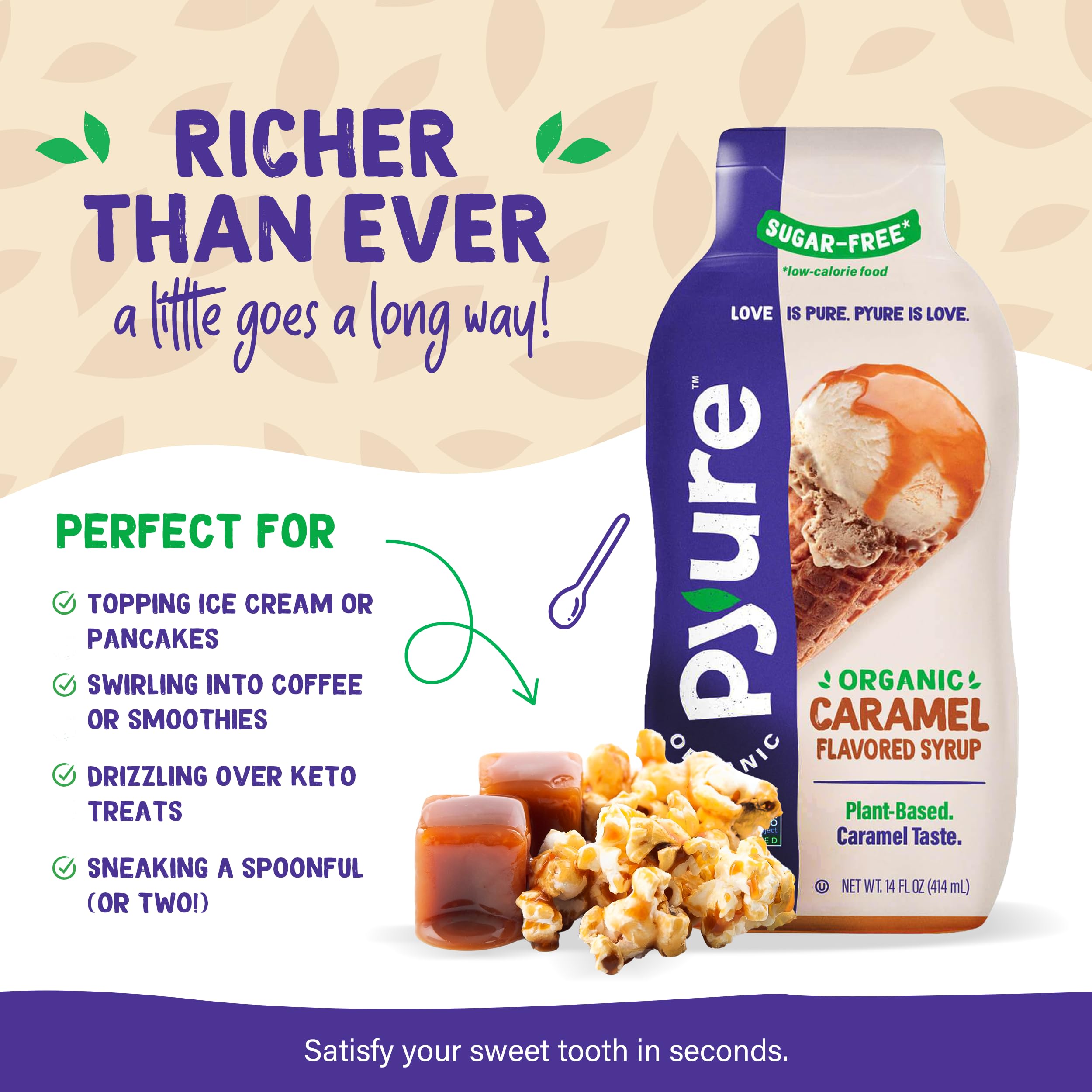 Drizzling Pyure caramel syrup over pancakes to showcase a low-carb indulgence.