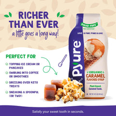Drizzling Pyure caramel syrup over pancakes to showcase a low-carb indulgence.
