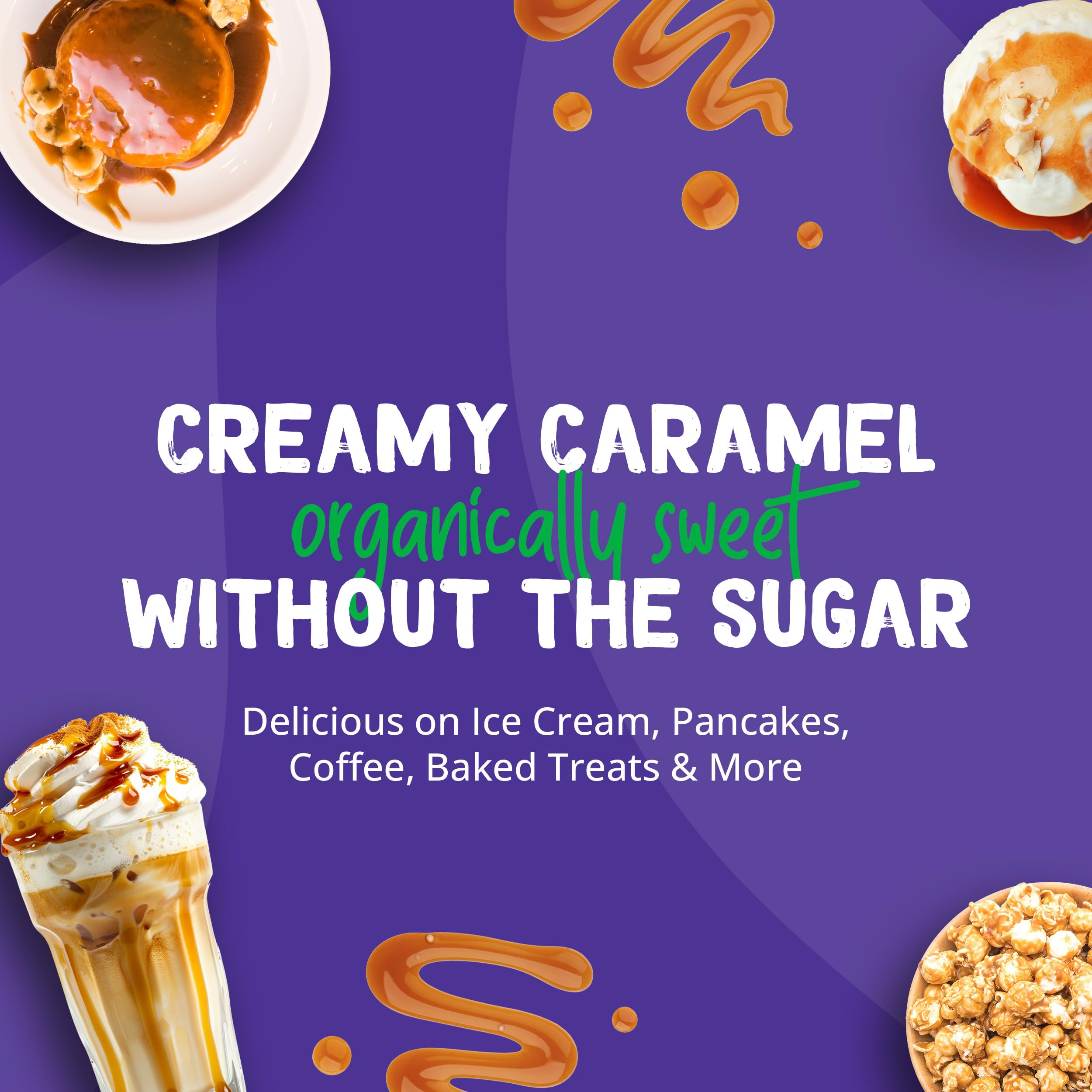 Pyure Organic Caramel Dessert Syrup in a glass jar on a clean surface.