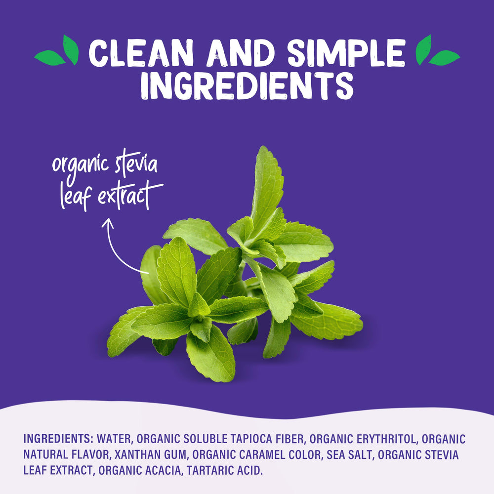 Pyure Organic Caramel Dessert Syrup bottle on a kitchen counter beside ingredients.