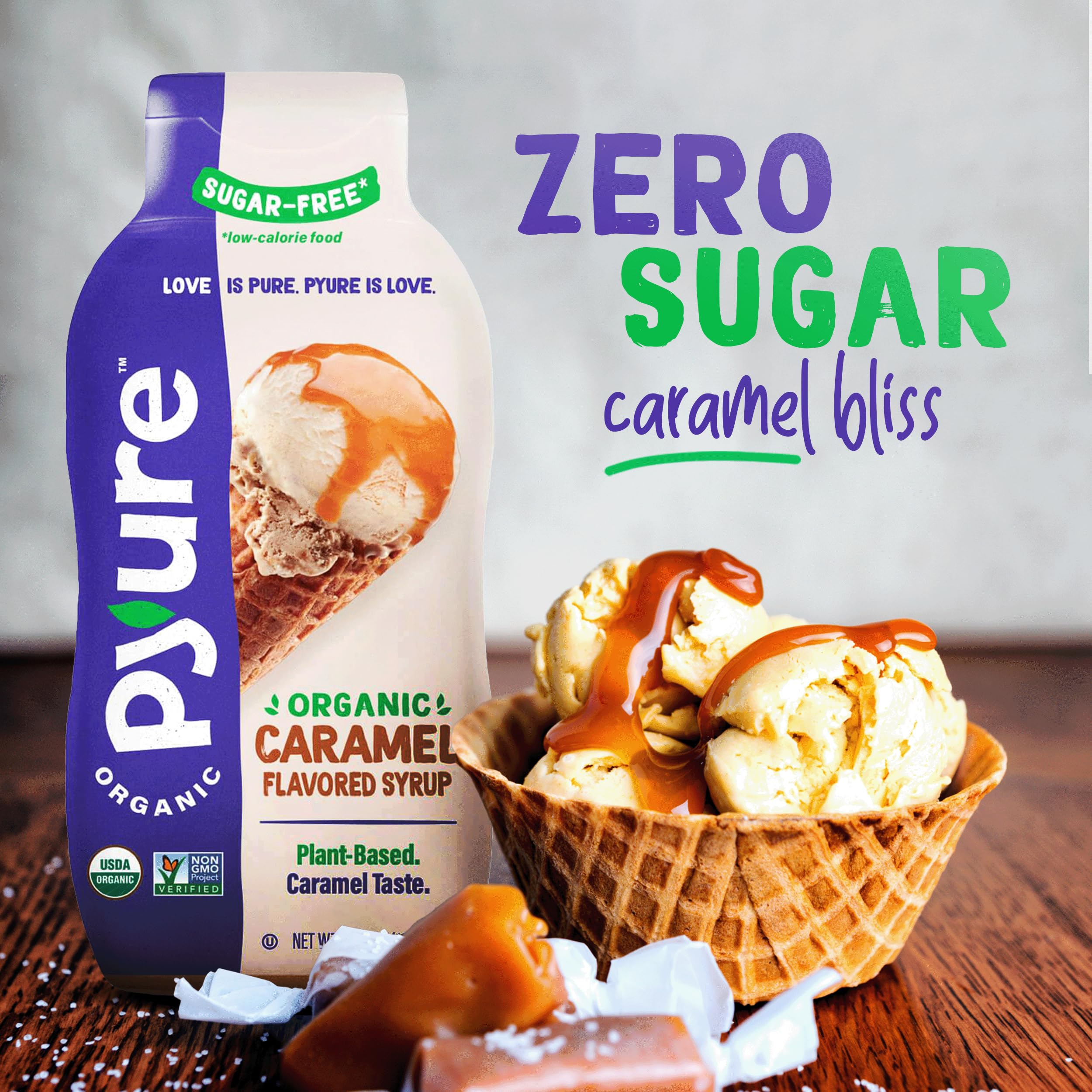 Pyure labeling shows vegan and gluten-free benefits on the product label.
