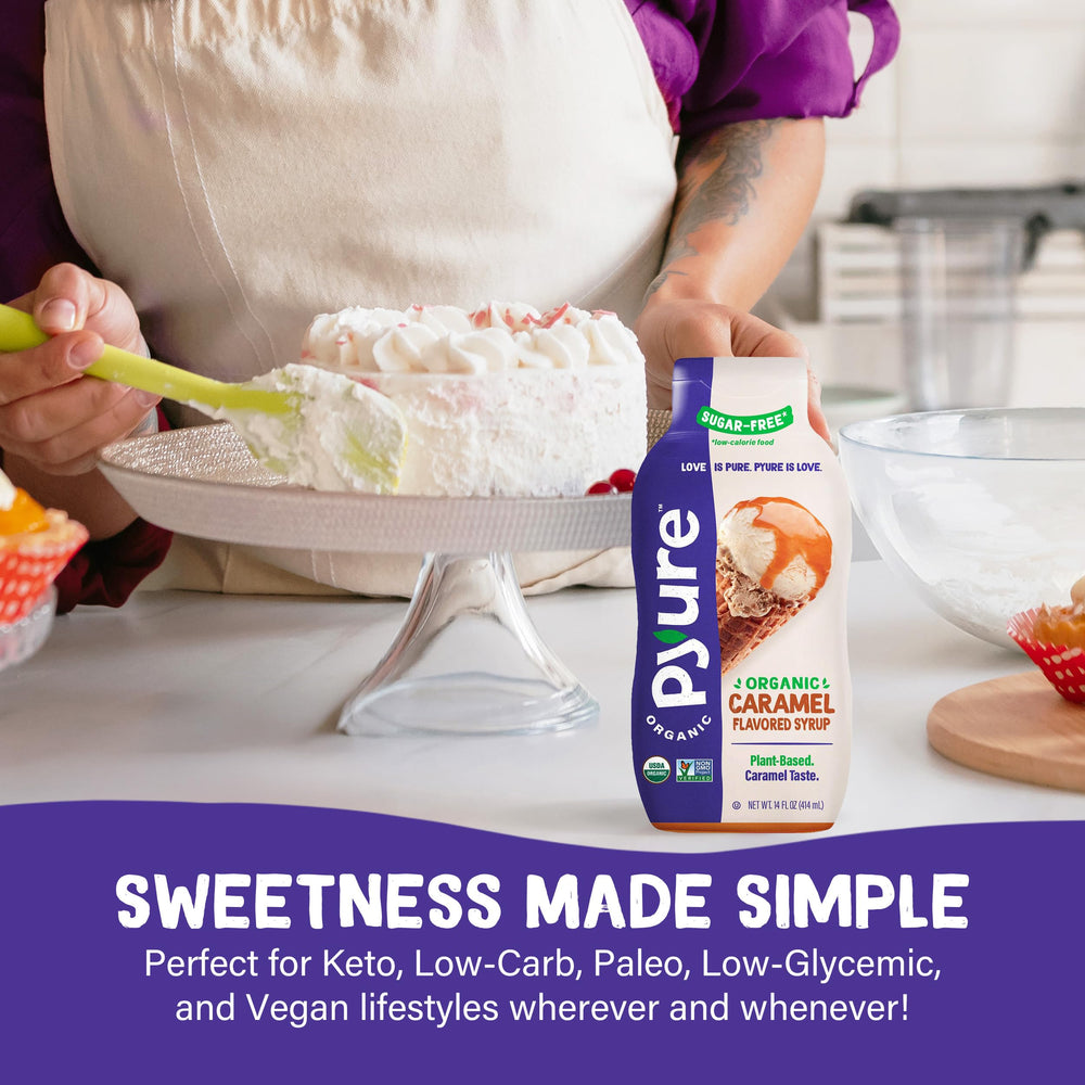 Pyure Organic Caramel Dessert Syrup packaging highlights vegan, gluten-free, sugar-free features.