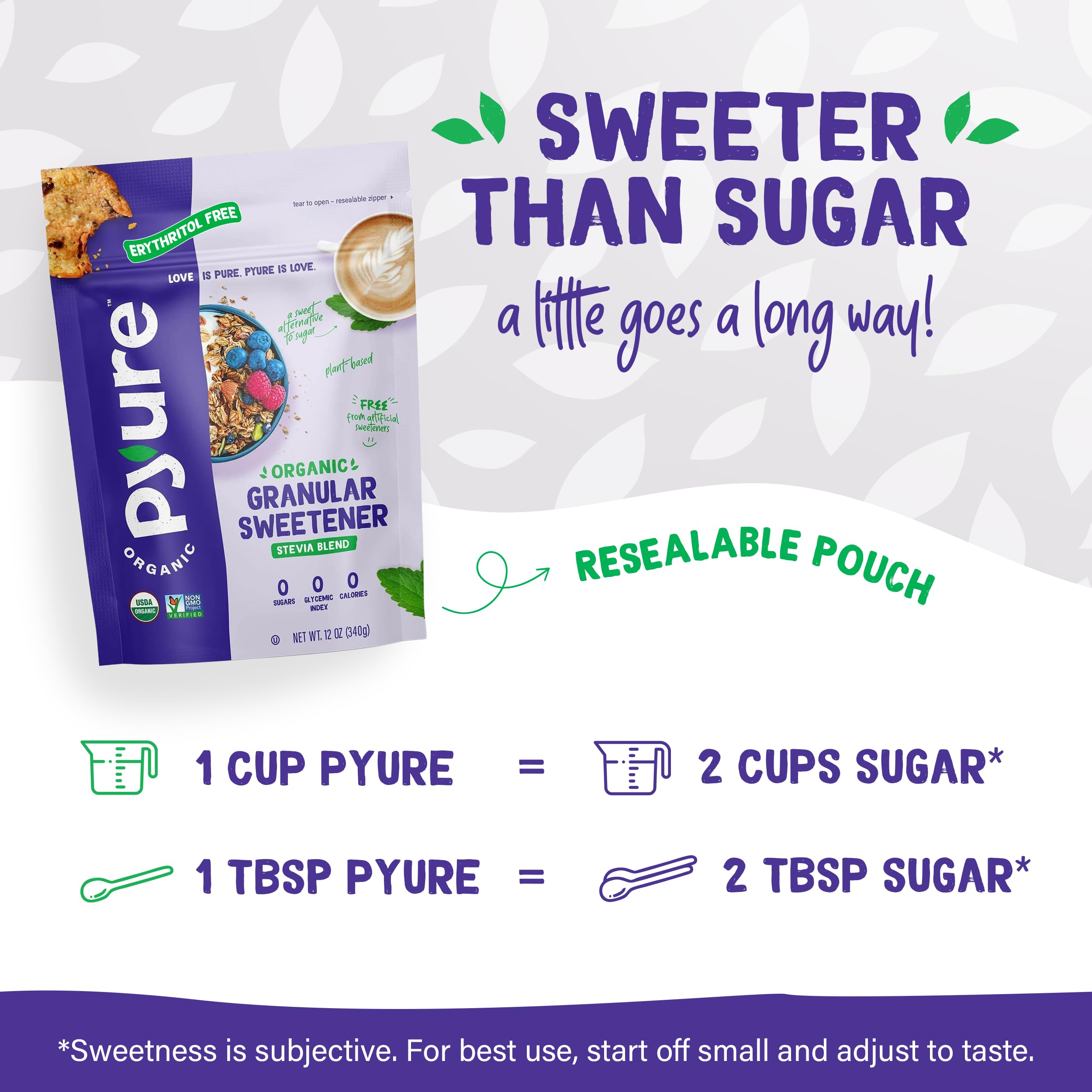 Pyure Organic Stevia Blend bottle beside coffee cup for keto sweetness