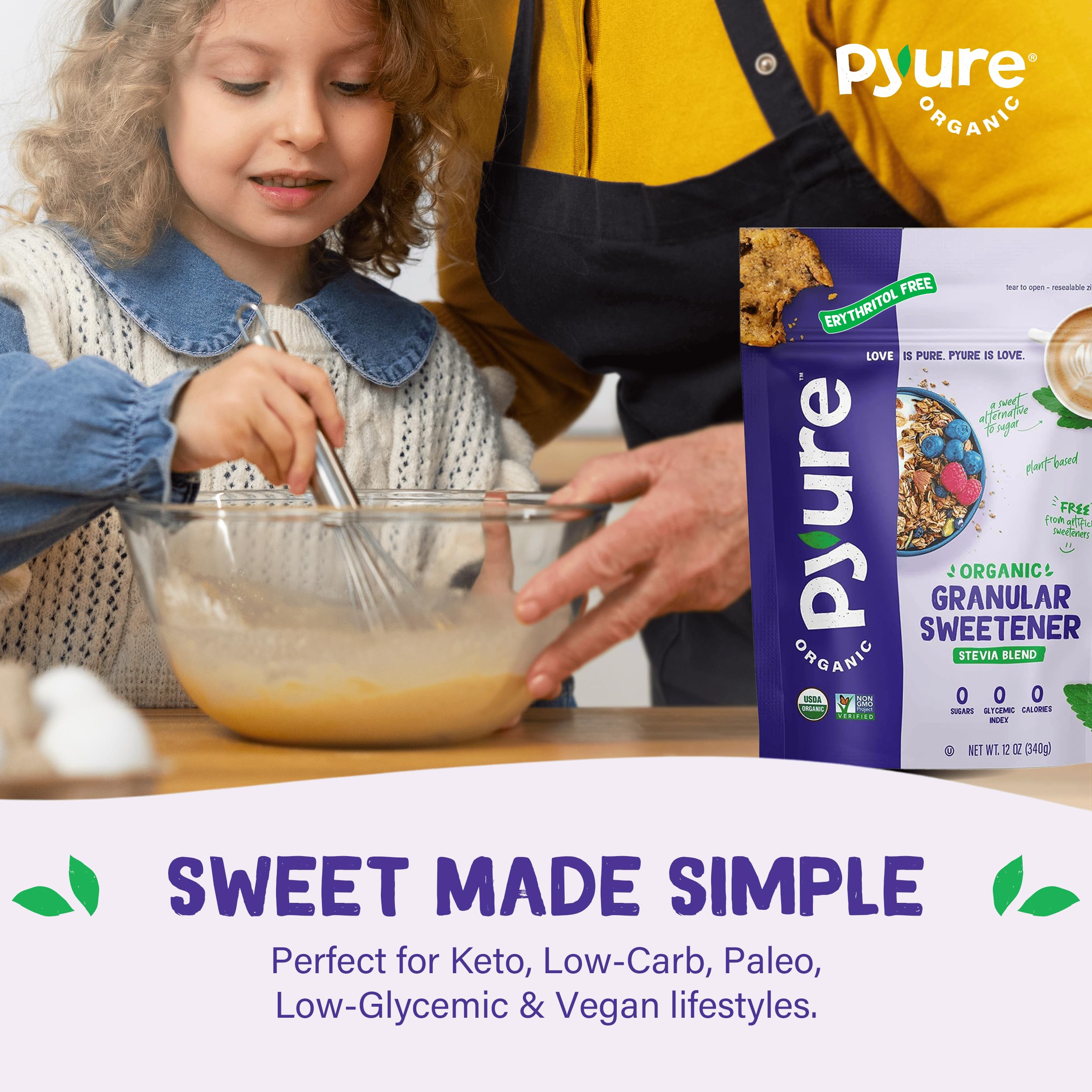 Pyure Stevia Blend used in coffee or tea cup, highlighting zero calories.