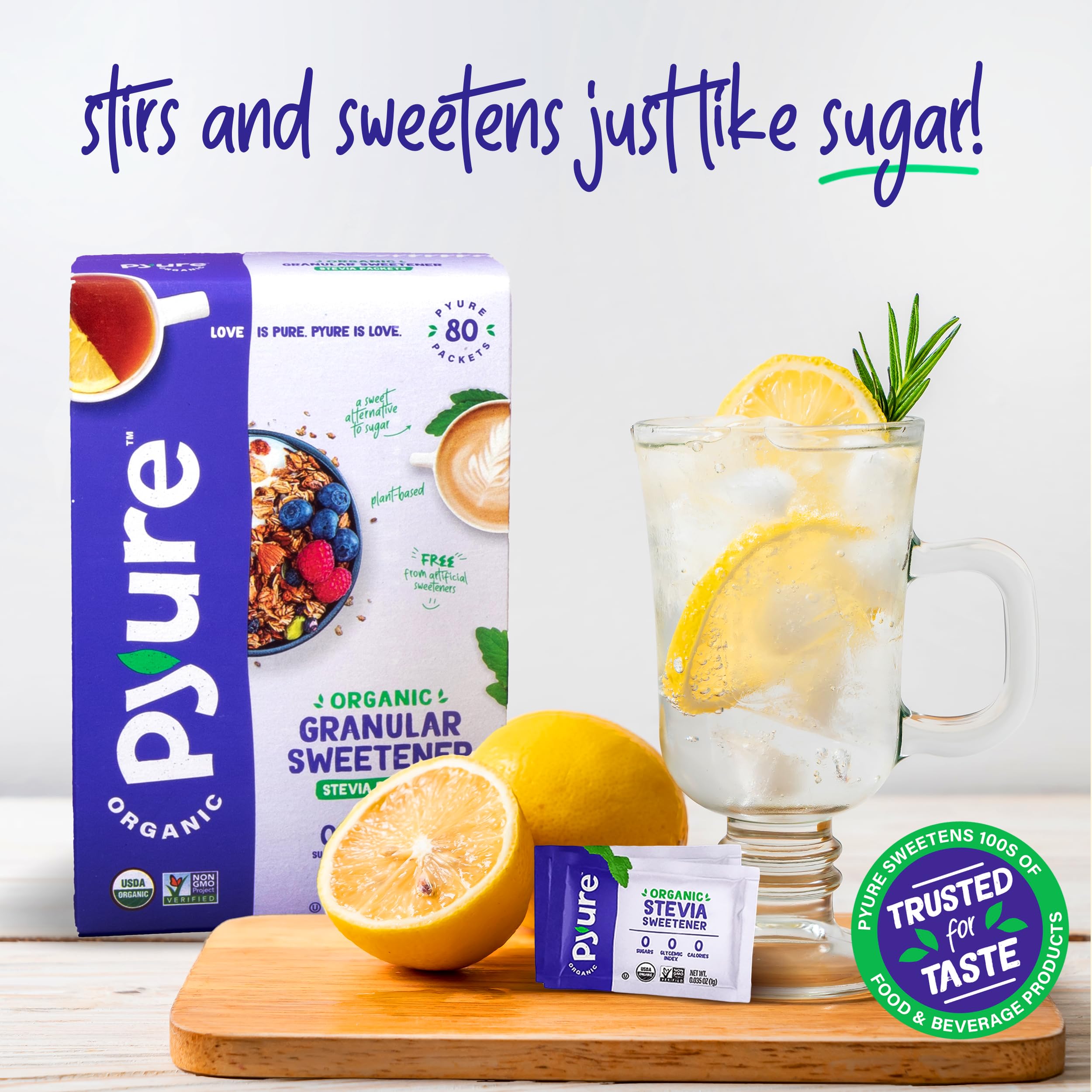 Travel-ready Pyure Stevia Packets for meals on the go.