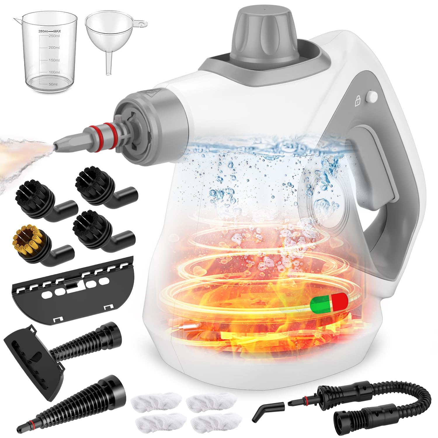 Pzmlu handheld steam cleaner front view with grey cap for safe, chemical-free cleaning