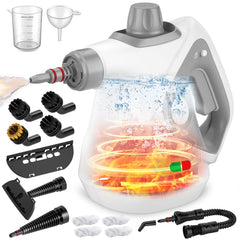 Pzmlu handheld steam cleaner front view with grey cap for safe, chemical-free cleaning