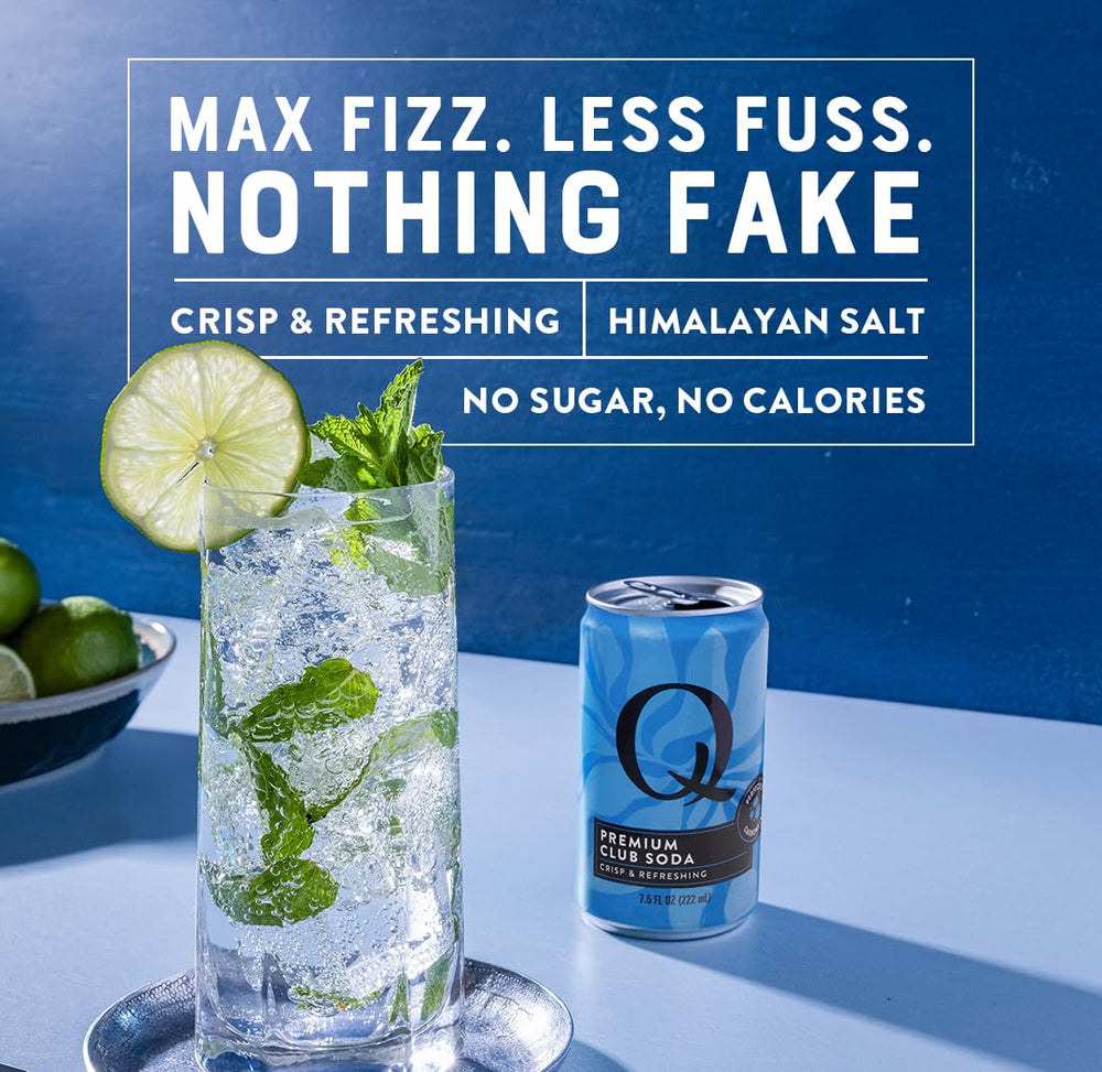 Q CLUB SODA gluten-free label highlights zero sugar and calories.