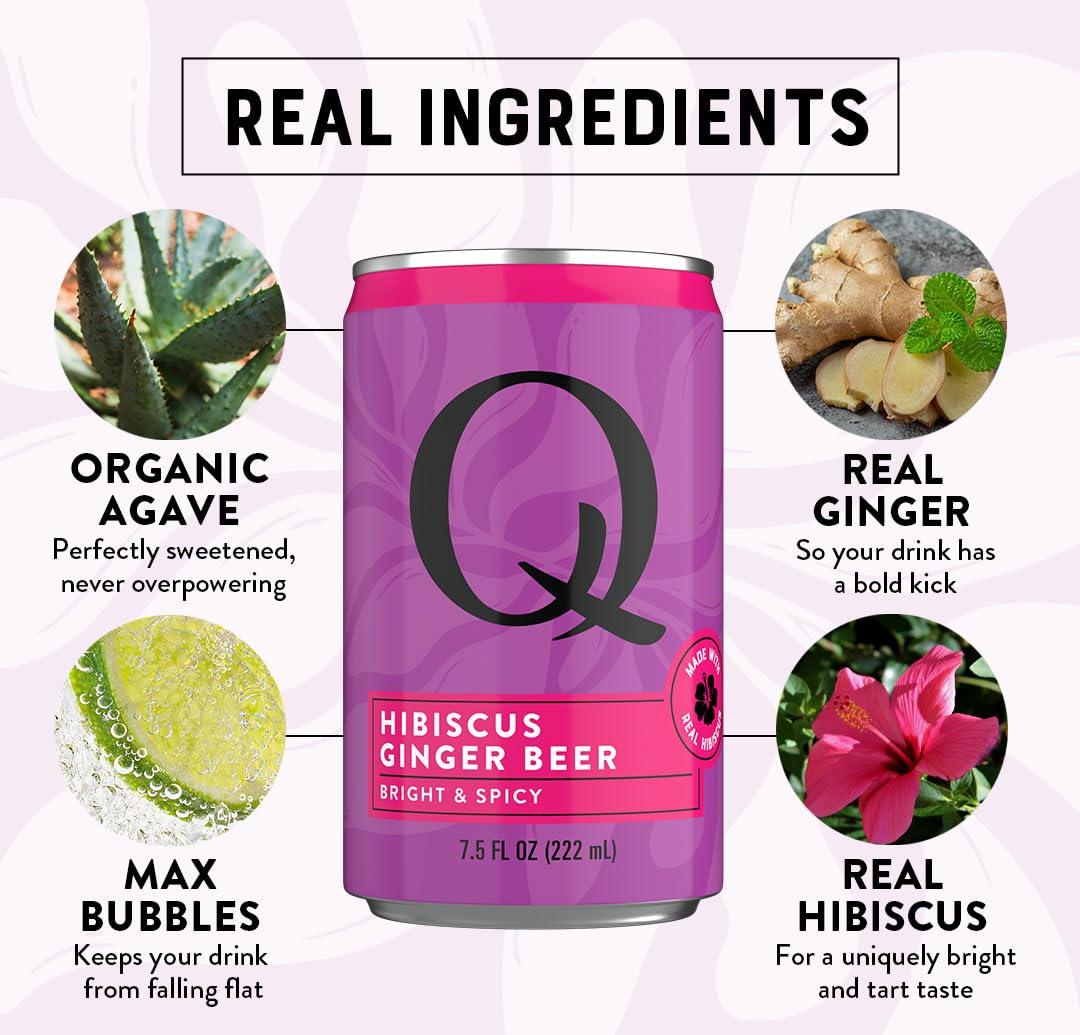 Q MIXERS Hibiscus Ginger Beer bubbles show lively carbonation.