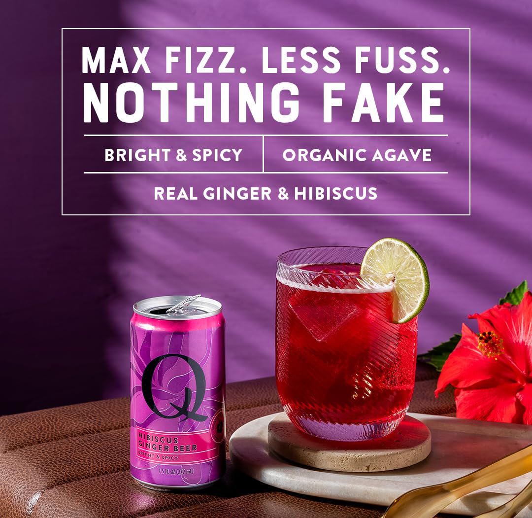 Q MIXERS Hibiscus Ginger Beer cocktail glass with ice for versatile serving.