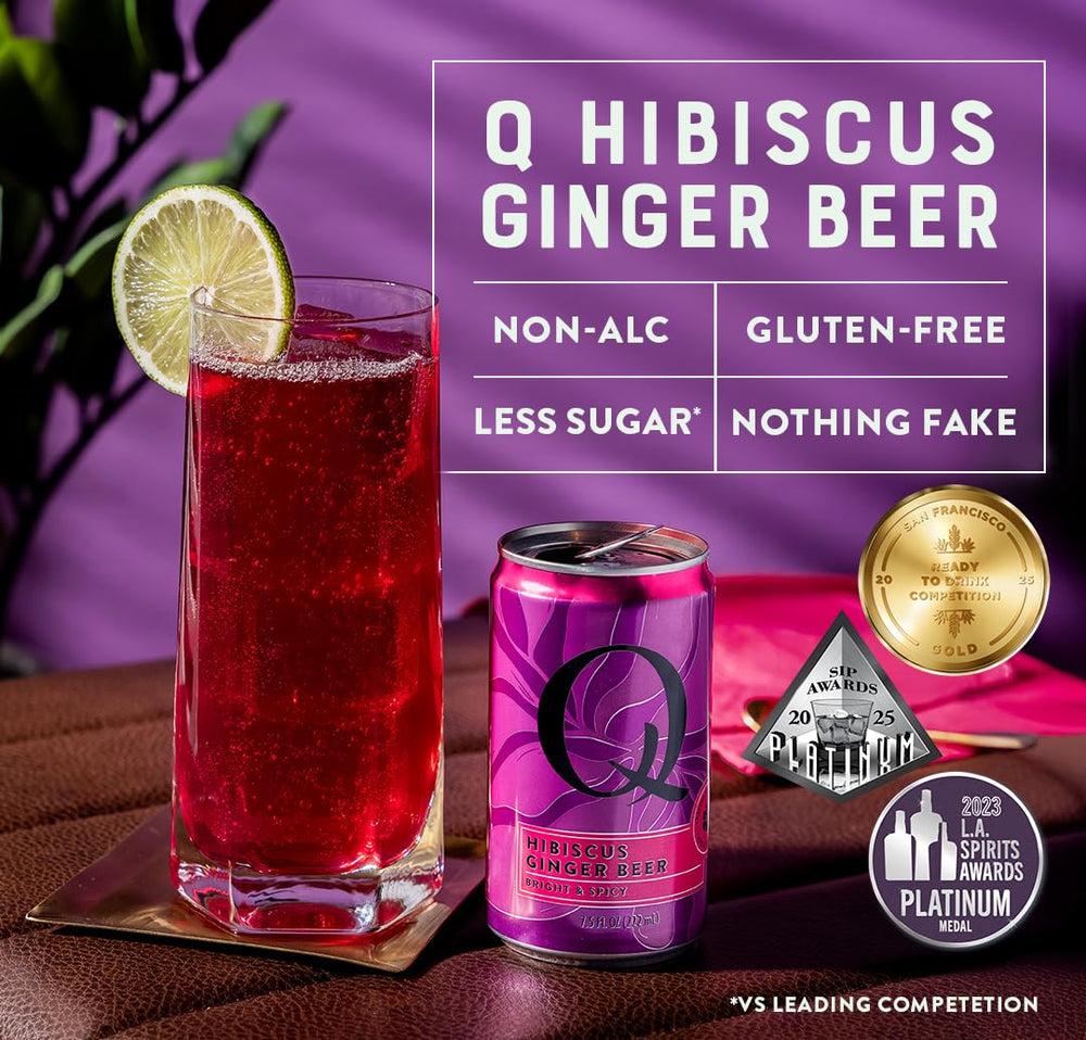 Q MIXERS Hibiscus Ginger Beer hibiscus flower detail suggests floral aroma.
