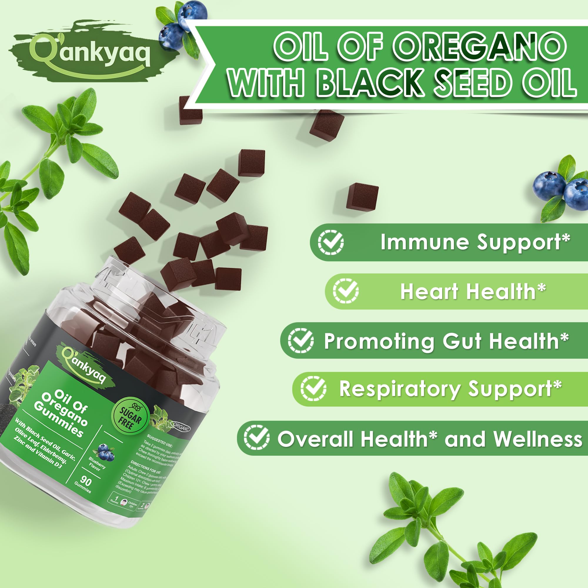 Q'ankyaq Oregano Oil Gummies on shelf emphasizing a 6-in-1 formula.